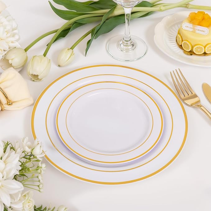NOCCUR 200PCS Gold Plastic Plates - 100 Dinner / 100 Dessert Disposable Plates Heavy Duty - Ideal for Wedding/Party/New Year