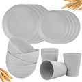 LIYH 16 Pcs Wheat Straw Dinnerware Sets Plastic Dinnerware Sets for 4 Plates and Bowls Set Reusable Tableware Grey Dish Set 8 Plates 4 Bowls 4 Cups Microwave Dishwasher