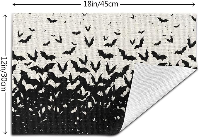 Halloween Placemats 12x18 Inches Set of 4,Black Bat Decorative Autumn Halloween Decoration Rectangle Black Linen Table Mats for Party Home Kitchen Dining Table Decoration