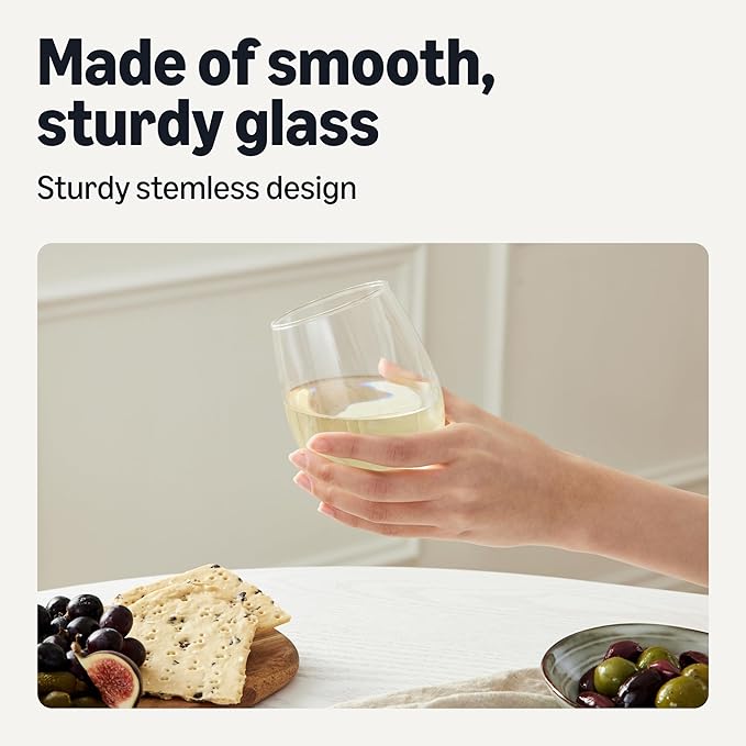 Amazon Basics Stemless White Wine Glasses, 4-Piece Set, 14 oz., Dishwasher-Safe