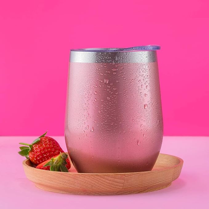 CHILLOUT LIFE 12 oz Stainless Steel Wine Tumblers 2 Pack - Double Wall Vacuum Insulated Wine Glasses Cups with Lids and Straws Set Keeping Cold & Hot for Coffee, Beer, Ice Cream - Rose Gold
