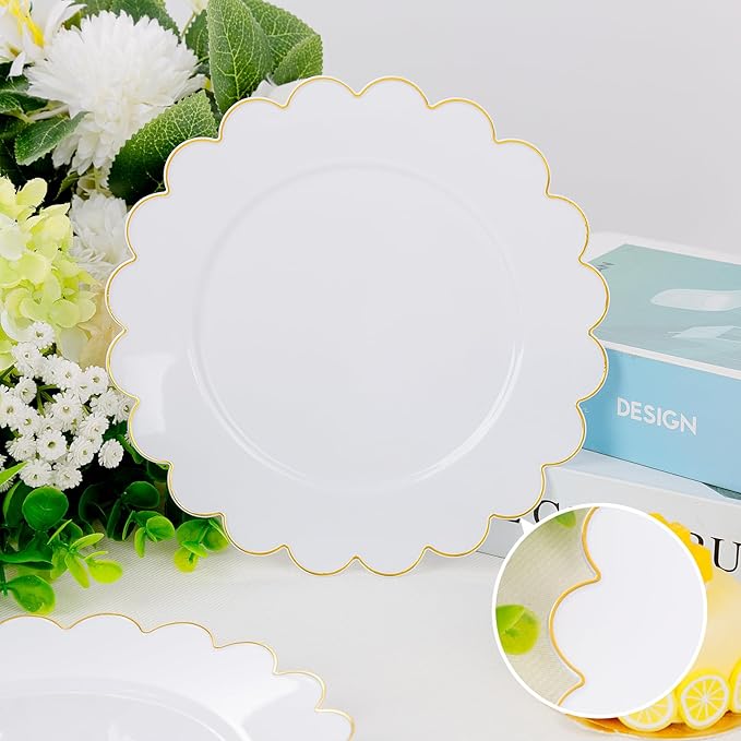 LIYH 100 Pcs Gold White Dessert Plates - 7.5" Disposable Fancy Cake Plates - White with Gold Rim Premium Hard Appetizer Cake Plastic Wedding Plate for Party,Bridal Shower,Birthday,Valentine's Day