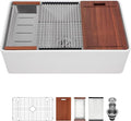 Sarlai 33 White Farmhouse Kitchen Sink - 33 x 20 Inch Farm Kitchen Sink Ledge Workstation White Ceramic Porcelain Fireclay Farmer Sinks Single Bowl Basin