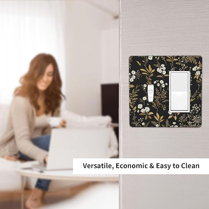 Light Switch Cover Black/Gold Boho Botanical Floral Rustic Flowers 2 Gang Toggle Rocker Combo Socket Cover Wall Plates Decorative Switch Plates and Outlet Covers for Bathroom Kitchen Decor