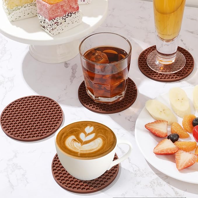 Coasters Set of 6,Coasters for Drinks,Coffee Table Decor Coaster with Holder,Suitable for Kinds Cup,Anti-SLI,Heat-Resisting,Silicone Cup Coaster and Home Decor (6 Pcs, Brown)