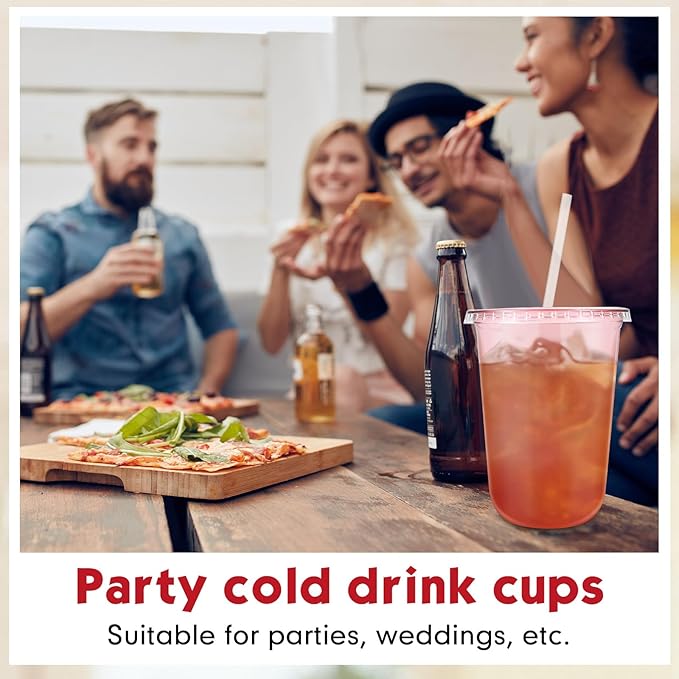 50 Sets Clear Plastic Cups with Lids and Straws, Disposable Iced Coffee Cups Drinking PET for Cold Drinks, Juice, Smoothie, Coffee Shops, Party, Christmas(Pink,16 oz)
