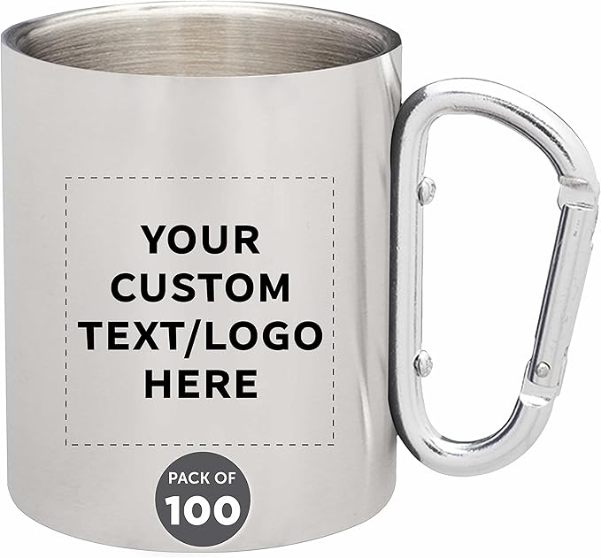 Custom Stainless Steel Mugs with Carabiner Handle 10 oz. Set of 100, Personalized Bulk Pack - Perfect for Coffee, Soda, Other Hot & Cold Beverages - Silver