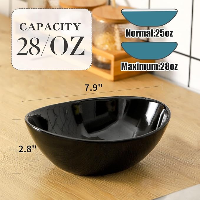 Hasense Serving Bowls, 28 oz Salad Bowls Porcelain Serving Dishes Set of 4 for Salads，Cereal,Soup,Pasta, Microwave and Dishwasher Safe, Black