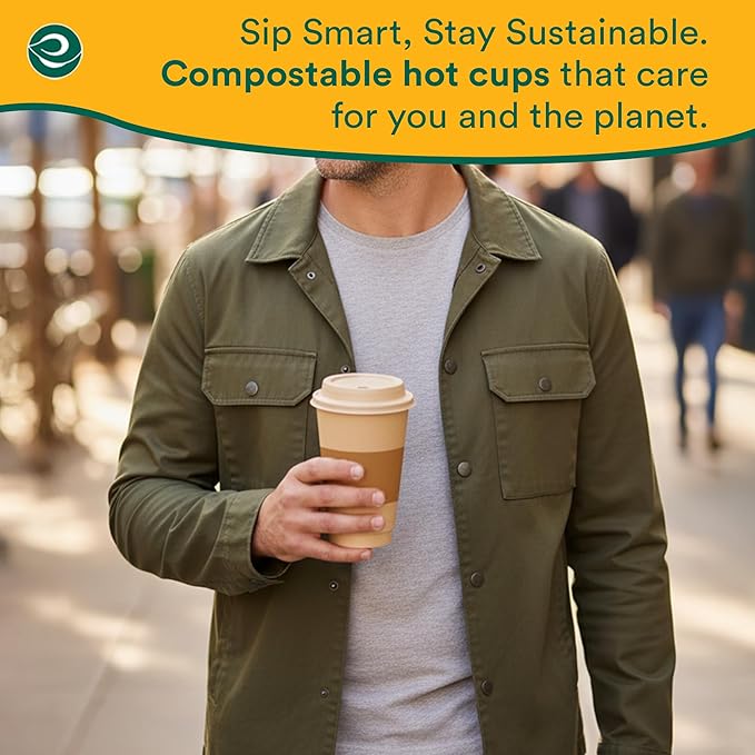 ECO SOUL 50 Pack 16 oz Disposable Coffee Cups with Lids & Sleeves Eco-Friendly, Biodegradable, Compostable, Leak-free & Sturdy To Go Hot Drink Cup for Tea, Chocolate Party Travel Cafe Office & Home