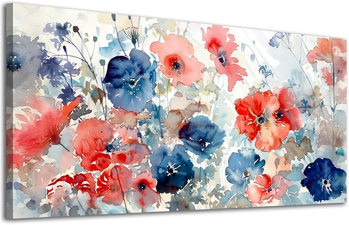 ADJUVANT Wall Art Watercolor Vibrant Floral 40"L x 20"W, Colorful Poppies With Soft Hues Canvas Painting Lively Blooms Artwork Delicate Tones Prints Wall Decor for Living Room Bedroom Bathroom Home Office