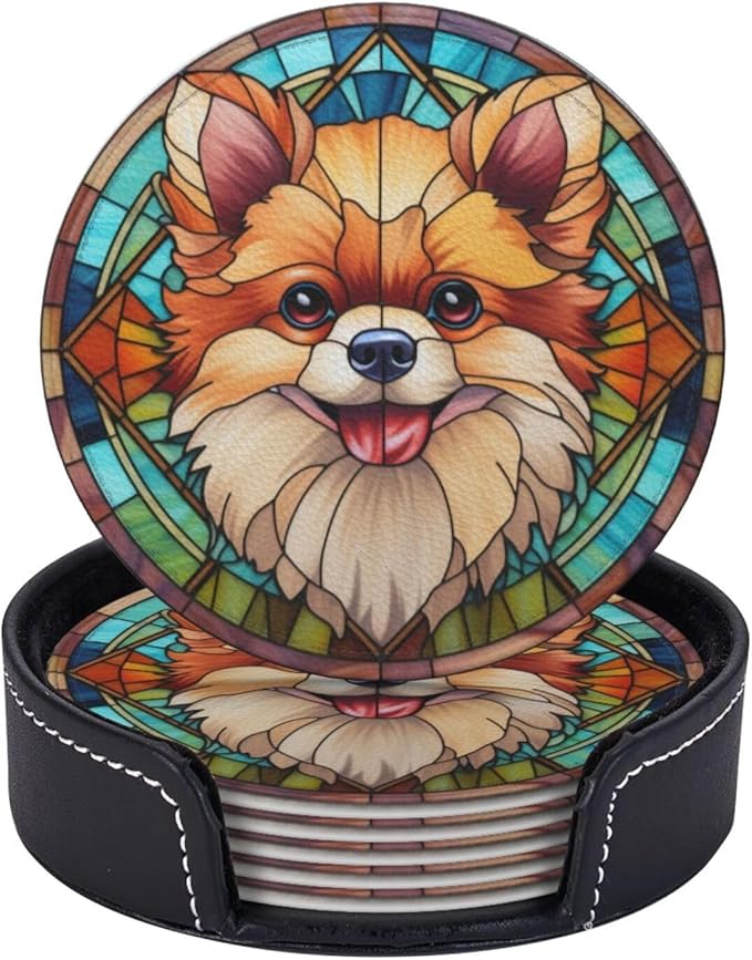 Drink Coaster Set of 6, Pomeranian Dog Mom Lover Gift,Leather Drink Coasters with Holder,6 Pack Cup/Bar/Drink Coasters for Table/Drinks/Coffee Protection Housewarming Gift
