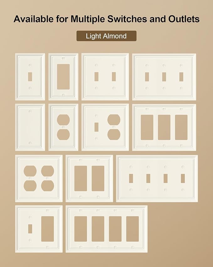 2-Pack Decorative Double Decorator Outlet Cover Plate, Light Almond Durable Natural Bamboo Fiber Wall Plates for Electrical Outlets, Receptacle, GFCI Outlet, Dimmer Switch, 2-Gang, Corrosion Resistant
