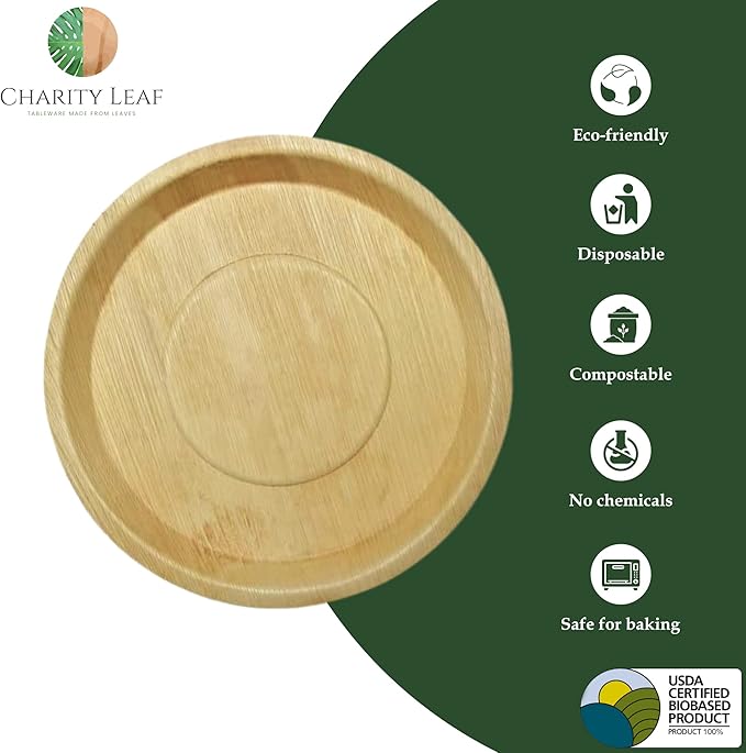 Charity Leaf Disposable Palm Leaf 14" Round Trays (100 pieces) Bamboo Like Serving Platters, Disposable Boards, Eco-Friendly Dinnerware For Weddings, Catering, Events