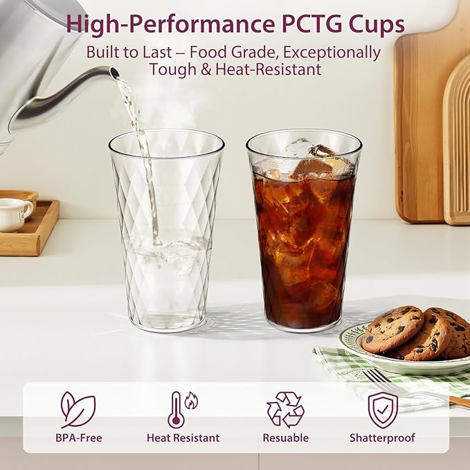 Freshmage 8 Pack 20 oz Unbreakable Plastic Drinking Glasses, All-Clear Reusable Drinking Cups- BPA Free, Dishwasher & Microwave Safe, Stackable Tumblers for Home, Outdoor, Camping, Picnic, Pool