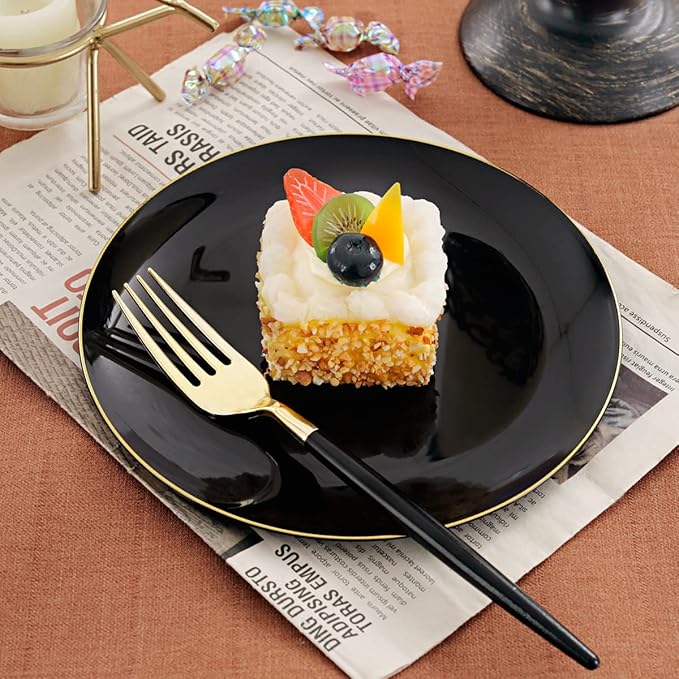I00000 144Pcs Black and Gold Dessert Plate Set, Including 72Pcs Black and Gold Plastic Plates 7.5" and 72Pcs Disposable forks 8.5", Fancy Salad Plates with Gold Rim for Thanksgiving and Party