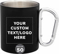 Custom Stainless Steel Mugs with Carabiner Handle 10 oz. Set of 50, Personalized Bulk Pack - Perfect for Coffee, Soda, Other Hot & Cold Beverages - Black