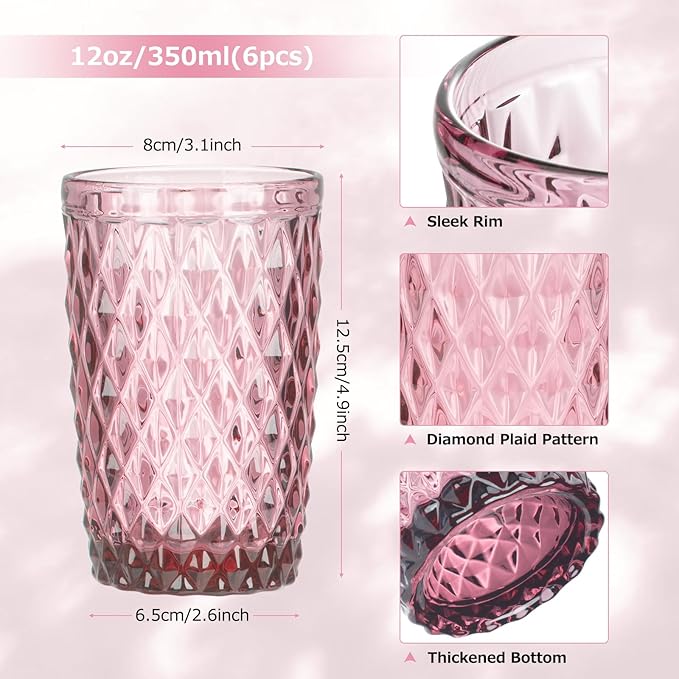 Topsky Highball Drinking Glasses Set of 6,12 oz Colored Glassware with Geometric Diamond Pattern,Embossed Diamond Tumblers,Blue Vintage Glassware Set for Beer,Juice,Cocktail
