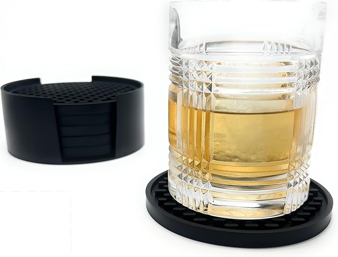 Happitasa 4.25 Inch Bar Mat Style Silicone Beverage Coasters, Set of 6 with Holder (Grey)