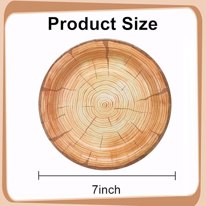 120 Pcs Wood Grain Paper Plates 7 Inch Farmhouse Round Disposable Plates Rustic Wood Slice Dish for Lumberjack Birthday, Christmas Dinner Supplies for Baby Shower, Woodland Party