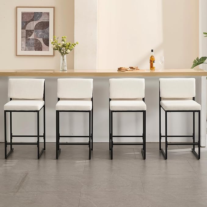 Modern Barstools Set of 2, 26” Upholstered Counter Height Bar Stools Linen Fabric Counter Stools with Padded Back Metal Frame for Kitchen Island Dining Room, Beige