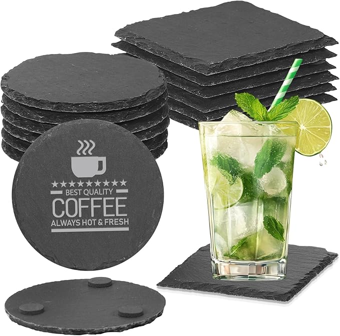 12pcs Slate Coasters, Black 4 Inch Bulk Blank Rock Coasters Blank Laser Engraving, Hand Painted DIY, Scratch Resistant Bottom (6*Square+6*Round)