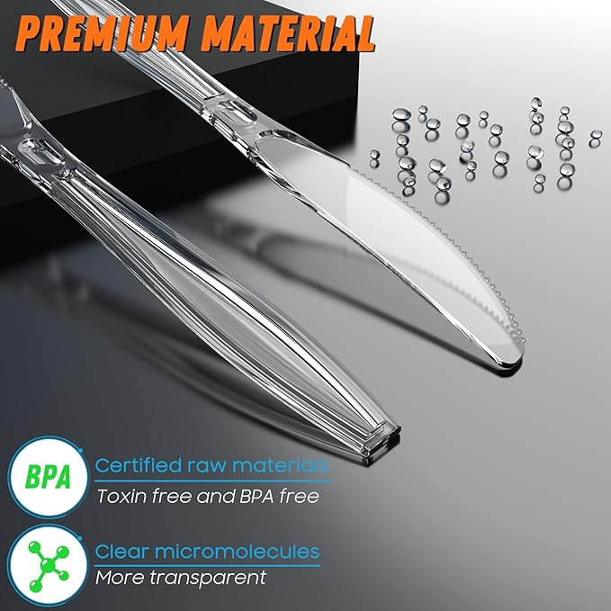 7.5" Clear Plastic Knives Heavy Duty Upgraded Heat Resistant & BPA Free, Solid and Durable Plastic Cutlery, Premium Disposable Knives, for Party Supply(84 Count)