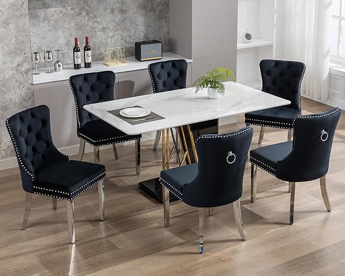 KCC Velvet Dining Chairs Set of 6, Upholstered High-end Tufted Dining Room Chair with Nailhead Back Ring Pull Trim Stainless Steel Legs, Contemporary Nikki Collection Modern Style for Kitchen, Black