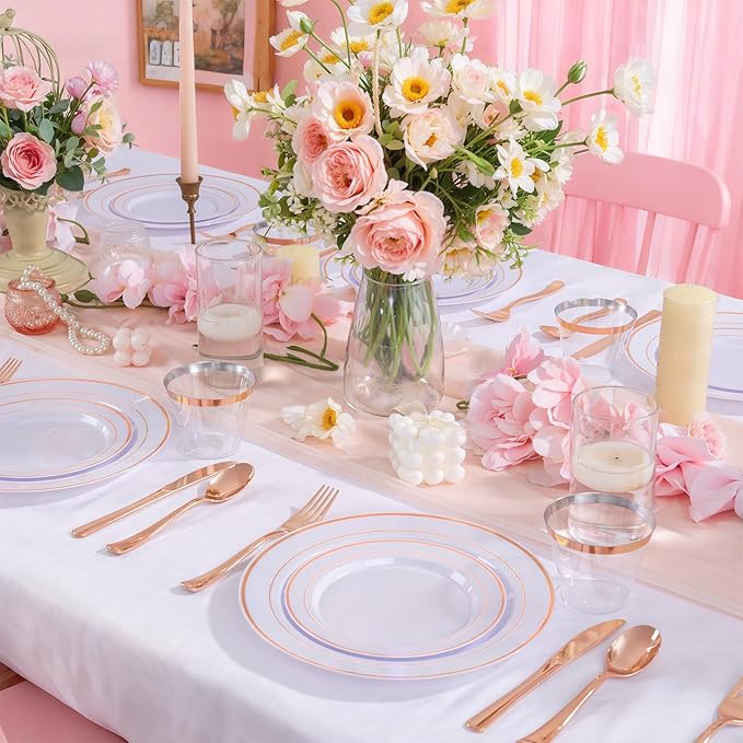 WELLIFE 300 PCS Rose Gold Dinnerware Set for 50 Guests, Valentine's Day Plate, 50 Dinner & Salad Plates,Cups, Forks Knives Spoons for Wedding Reception and Mothers Day Plates