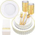 YOUBET 175PCS Gold Scalloped Plastic Plates - White and Gold Disposable Dinnerware Set Include 50 Plates, 75 Gold Silverware, 25 Cups, 25 Napkins for Party & Wedding
