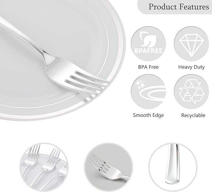 120pcs Silver Dessert Plates with Forks for 60 Guests-60pcs 7.5" Disposable Silver and White Small Plates with 60pcs 7.4" Forks-Cake/Appetizer/Salad Plate for Wedding,Birthday,Party