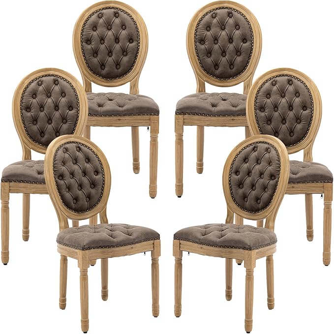 Vintage French Dining Chairs Set of 6, Round Back PU Leather Upholstered Accent Chairs with Nailhead Trim and Solid Wood Frame, Farmhouse Sillas de Comedor for Dining Room & Kitchen, Distressed Brown