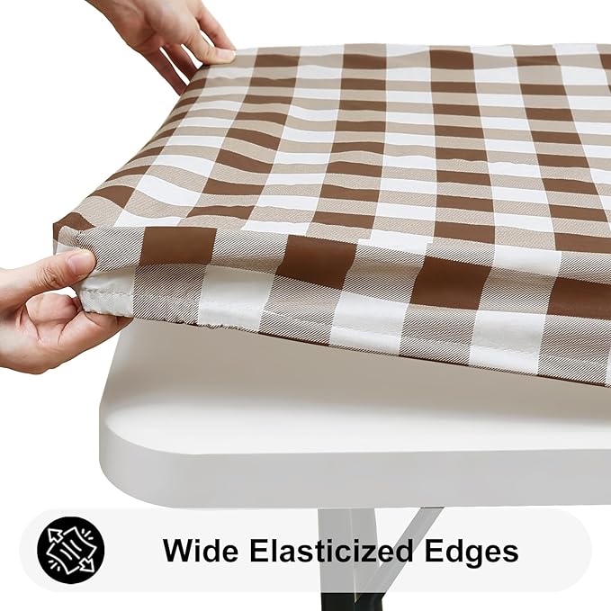 Smiry Rectangle Picnic Table Cloth, Elastic Waterproof Fitted Vinyl Tablecloths, Flannel Backed Buffalo Plaid Table Covers for Dining, Camping, Outdoor (White and Brown, 30" x 96")