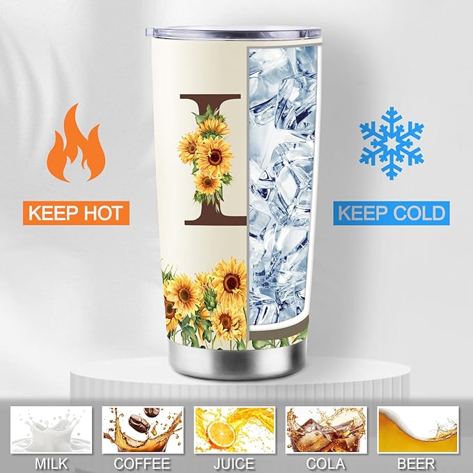 Sunflower Gifts for Women - Personalized Christmas Gifts for Women - Birthday Gift for Woman - Mothers Day Gift for Mom - Monogrammed, Initial 20oz Travel Cup Insulated Tumbler with Lid, L