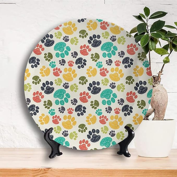 Ceramic Plates, Dog Lover Decorative Ceramic Plates, Cute Hand Drawn Paw Print Doodles, 10 Inch, Household Plates Decorative, Multicolor
