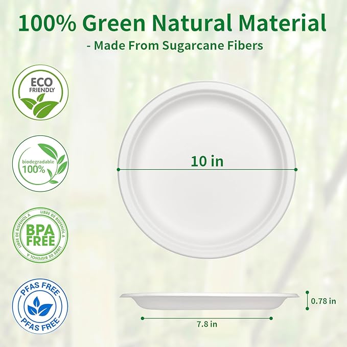 Aricsen 100 Pack 10 Inch Compostable Disposable Round Paper Plates, Natural White Biodegradable Sugarcane Bagasse PFAS-Free Eco-Friendly Dinner Plates for Party Wedding Picnic BBQ (100, 10 INCH)