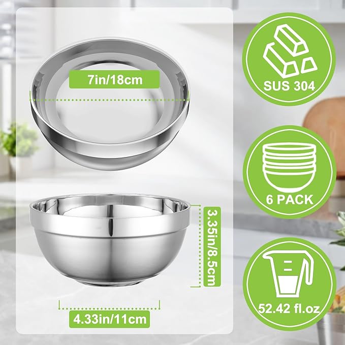 Stainless Steel Bowls, 6 Pack 7in 52.4oz 1550ml Large SUS304 Double Wall Insulated Stackable Metal Hot Soup Bowl Containers for Dishes Serving Cereal Snacks Ice Cream Food Rice Salad