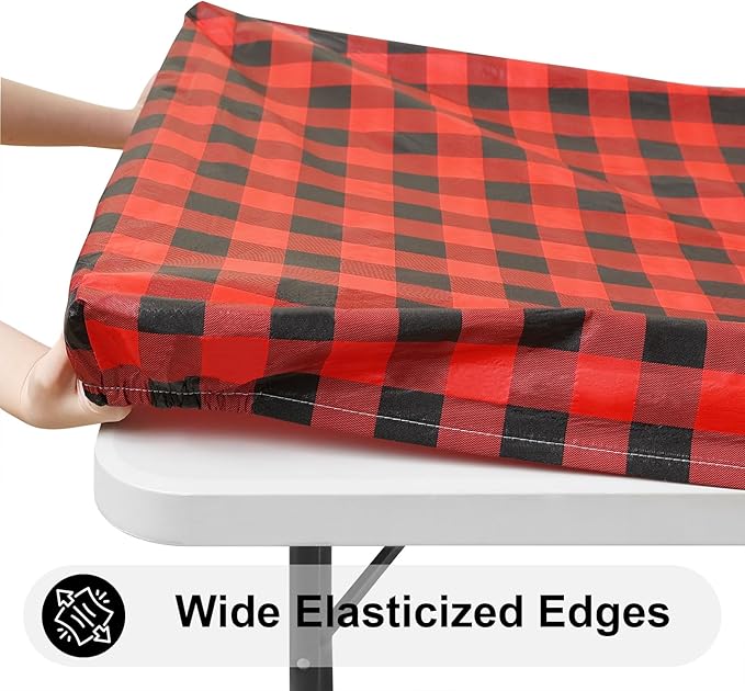 Smiry Rectangle Picnic Table Cloth, Elastic Waterproof Fitted Vinyl Tablecloths, Flannel Backed Buffalo Plaid Table Covers for Dining, Camping, Outdoor (Black and Red, 30" x 72")