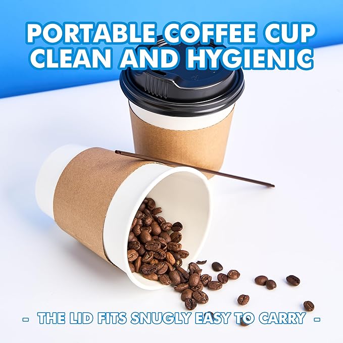RACETOP 12 oz 100 Pack Disposable Paper Coffee Cups with Lids, Sleeves and Stirrers, Hot Cups, Paper Cups with Lids, Sleeves and Stirrers, Ideal for Home/Office