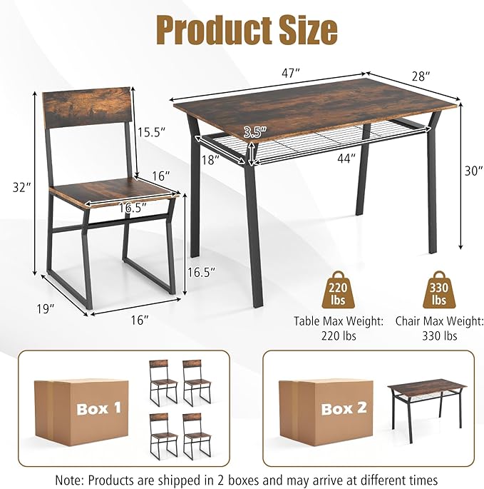 Giantex Dining Table Set for 4, 47”L x 28”W Rectangular Kitchen Table w/ 4 Trapezoid Chairs, Reinforced Metal Frame & Storage Rack, Industrial Space-Saving Dinette Set for Kitchen Dining Room (Brown)
