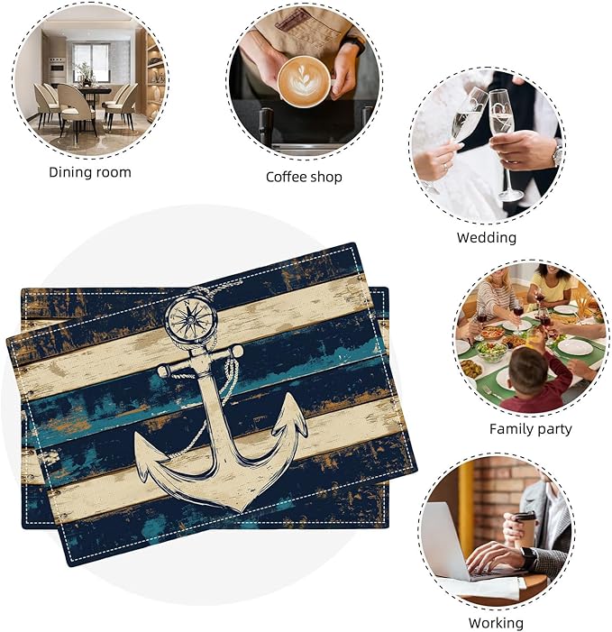 Nautical Placemats Set of 6, Coastal Anchor Place Mats, Rustic Beach Navy Blue Waterproof Washable Table Mats for Home Party Indoor Kitchen Dining Table Decoration 12x18 Inch