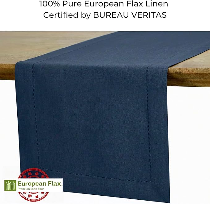 D'Moksha Homes Linen Navy Blue Table Runner 36 Inches - 100% Pure Linen Small Table Runner 14 x 36 Inch Ideal for Dresser, Coffee Tables, Easter - Classic Hemstitch