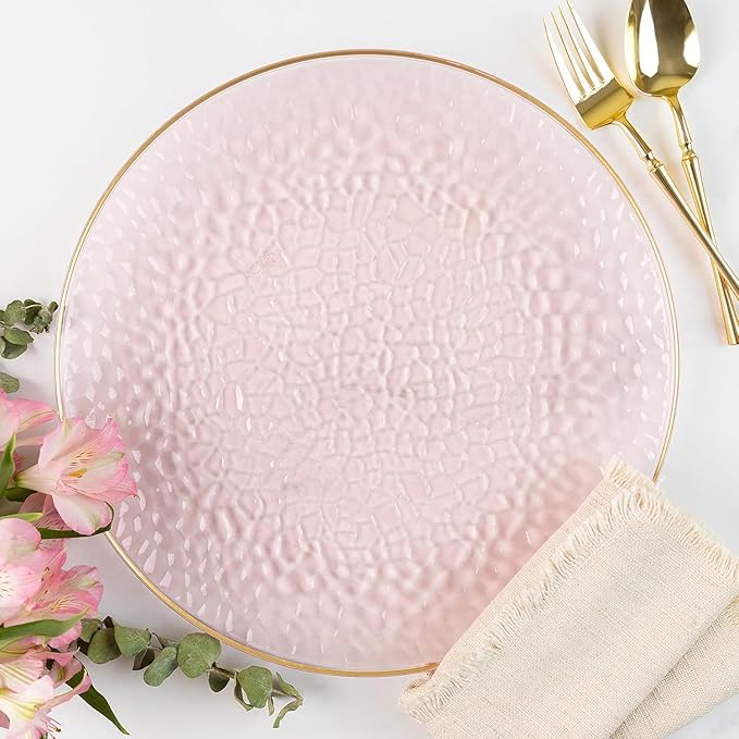 PARTY BARGAINS 13-Inch Charger Plates - 16 Pack, Hammered Pink Gold Rim, Heavy-Duty Disposable Chargers for Elegant Dining - Ideal for Weddings and Formal Events