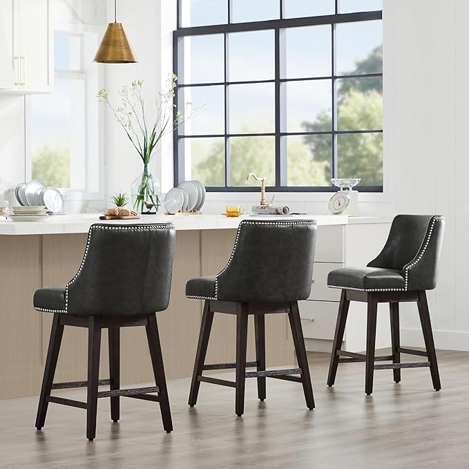 CHITA Counter Height Swivel Bar Stools, FSC Certified Upholstered Counter Stools, Modern Swivel Barstools with Wood Legs for Kitchen Island, 26" Seat Height, Faux Leather in Retro Grey
