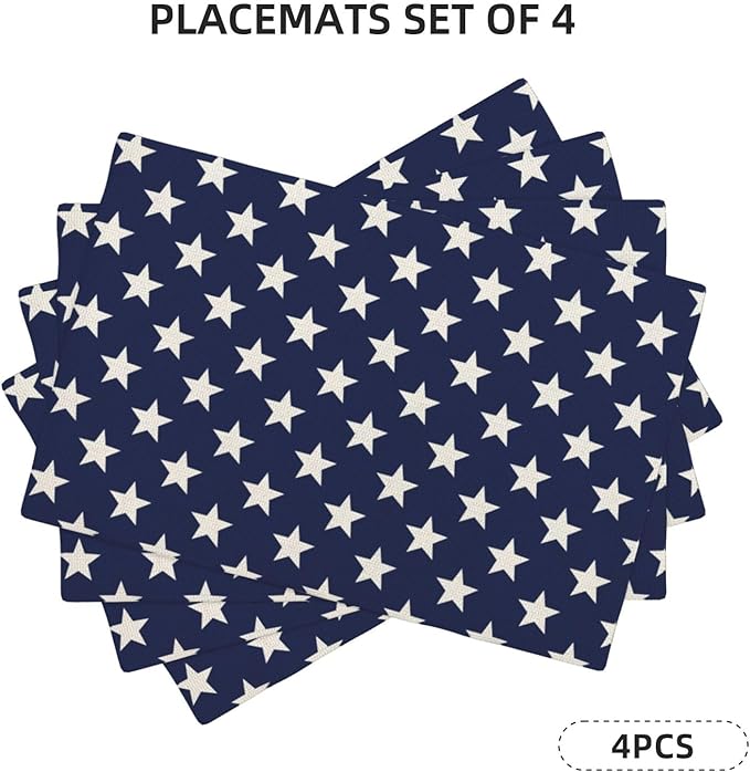 Independence Day Placemats 12x18 Inches Set of 4, 4th of July Blue Stars Placemats Summer Decorative Rectangle Star Table Mats for Party Home Kitchen Dining Table Decoration