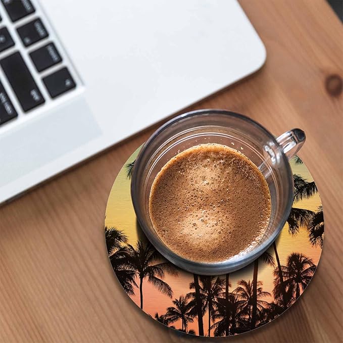 Tropical Island Sunset Coasters for Drinks Beautiful Nature Landscape Sunrise Dusk Scenery Palm Tree for Tabletop Protection Coffee Table Living Room Kitchen Office Home Decor 2 Pcs,4 Inch