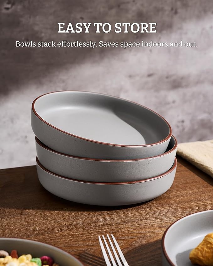 famiware Mercury Pasta Bowls Set of 4, 33 oz Large Salad Bowls, Ceramic Pasta Plates Bowls, Serving Bowls for Kitchen, Microwave & Dishwasher Safe, Dark Gray
