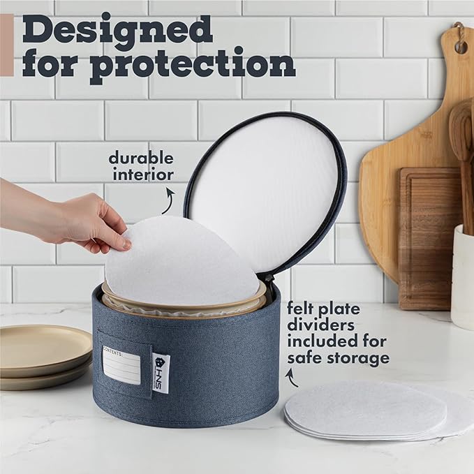 Saucers Storage Container - Hard Shell China Organizer with Dividers - Holds 12 Plates of 7" - Durable & Stackable Storage Box for Seasonal Dishware Protection - Denim Blue