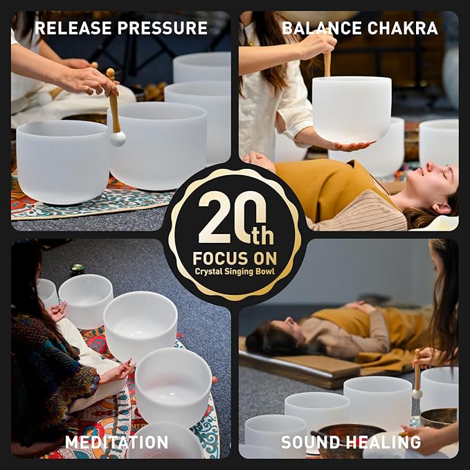 CVNC 432HZ 6-12 Inch Set Of 7 PCS Frosted Chakra Quartz Crystal Singing Bowls for Sound Healing with 2 PCS Travel Carry Case Bag