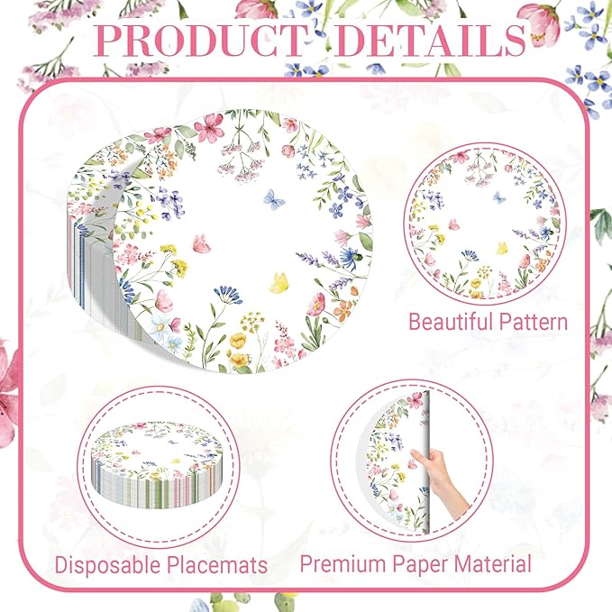 50PCS Floral Disposable Paper Placemats Watercolor Butterfly & Floral Disposable Round Table Mats for Spring Weddings, Brunch & Garden Parties
