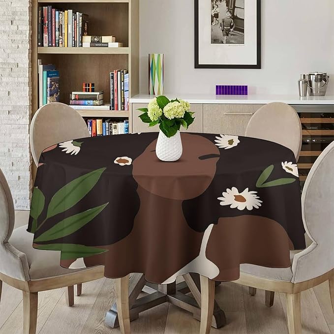 Bohemian Retro Mid Century Round Tablecloth, African Woman Girl Leaves Flower Tablecloth for Home Party Dining Room Kitchen Decor 36Inch(90cm)